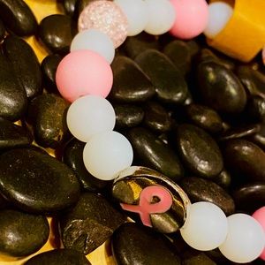 Bracelet-Breast Cancer Awareness, glass and ceramic beads w ribbon charm 7.5”